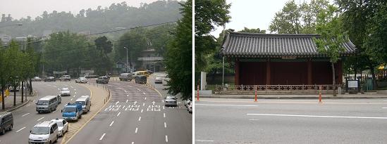 경복궁 방면에서 바라 본 사직공원 일대의 전경이다. 사직터널로 이어지는 도로는 사직공원 앞에서 심하게 휘어져 있다. 결국 길이 아닌 곳에다 무리하게 길을 내는 바람에 사직단 정문은 1년 가량 길 가운데 방치되었다가 1962년에 끝내 지금의 자리로 물러났다. 